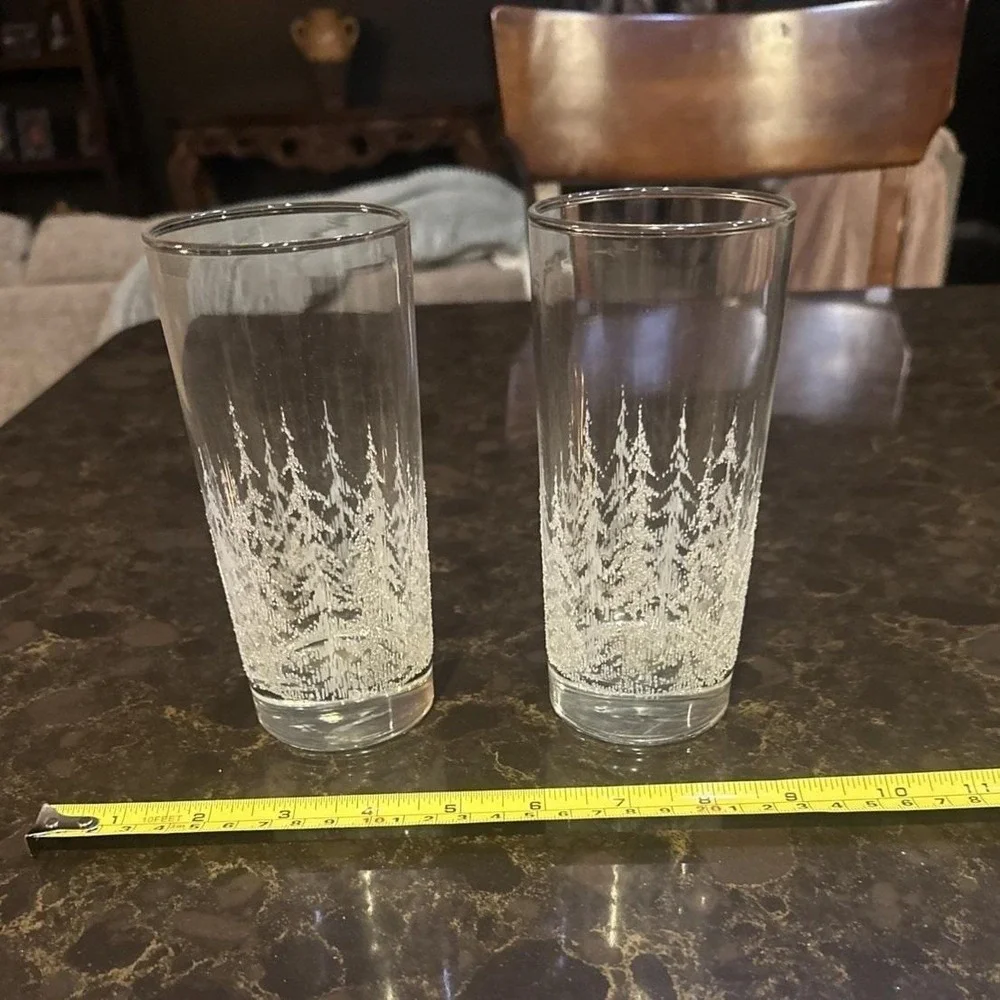 Vintage Frosted White Pine Tree Highball Glasses Set of 2 Winter Forest Tumblers